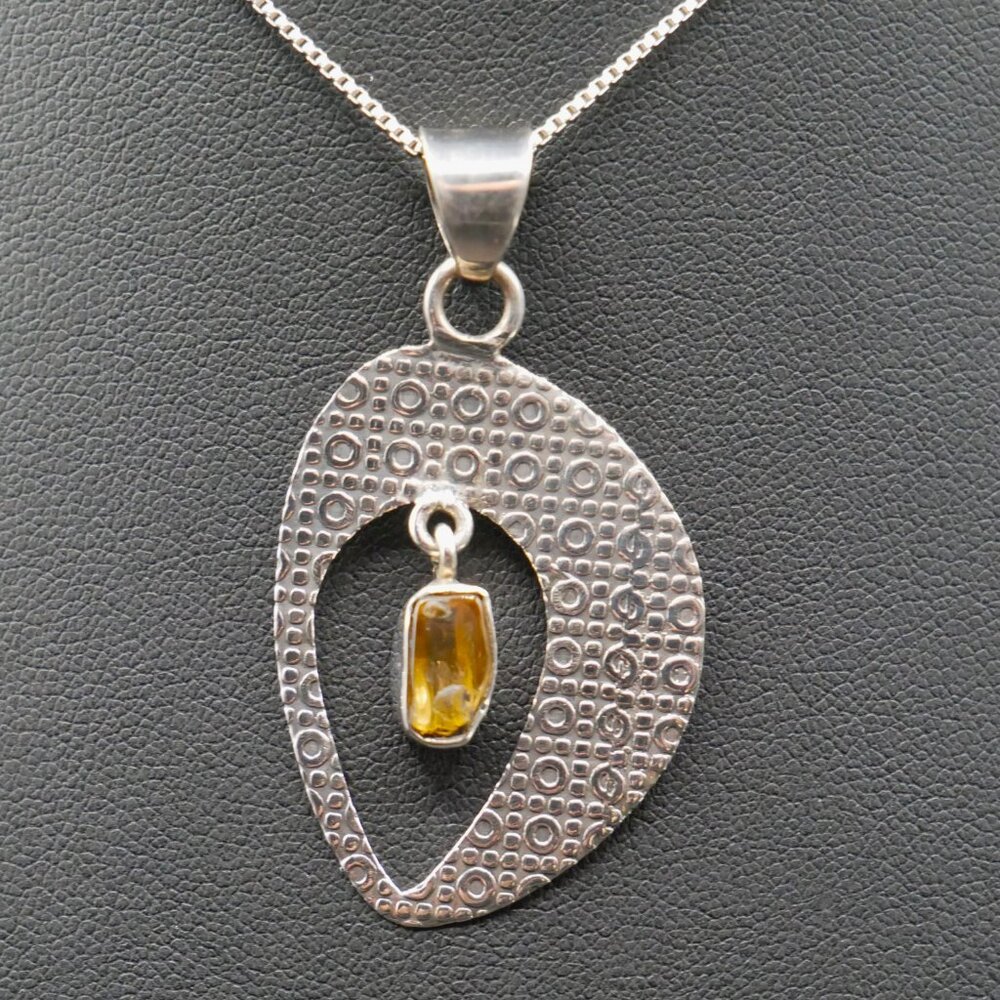 Artist Made Sterling Silver MCM Style Abstract Textured Pendant with Citrine
